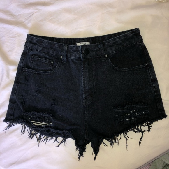 Distressed & Frayed Black Denim Jean Shorts w/ Rips, Cut Outs & Fringe - Picture 2 of 3